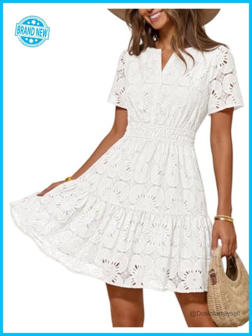 Eyelet Lace Floral Mini Dress Puff Sleeve Boho Casual Summer
